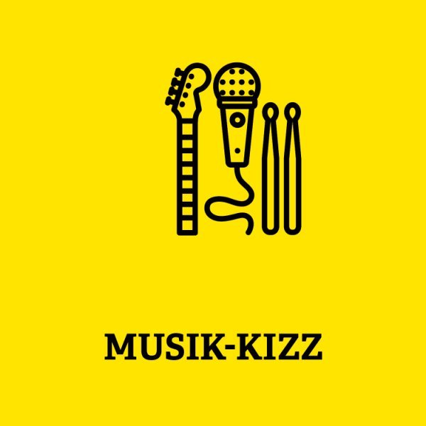 Symbole einer Gitarre, Mikrofon und Schlagstöcken mit Aufschrift Musik-Kizz