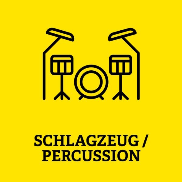 Symbol eines Schlagzeugs mit Aufschrift Schlagzeug/Percussionisten