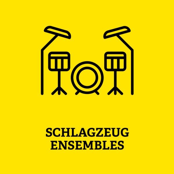 Symbole eines Schlagzeugs mit Aufschrift Schlagzeug Ensembles